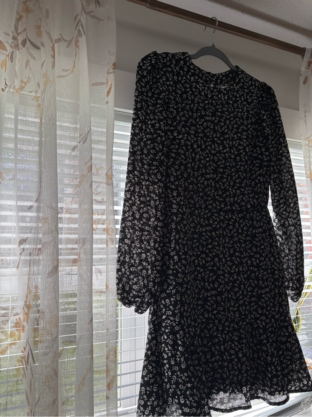 Black Floral Long-Sleeve Tiered Midi Dress